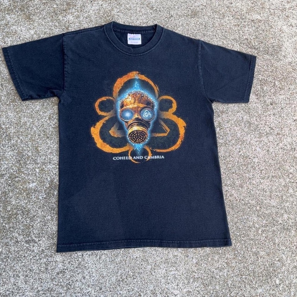 Hanes Black Graphic Tee with Orange and Blue Gas Mask Design
